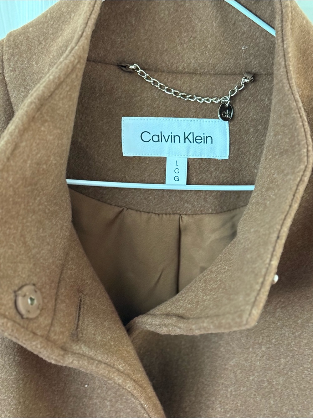 Calvin Klein Camel Brown Wool Blend Stand Collar Mid Length Coat NWOT Sz Large - Picture 3 of 15